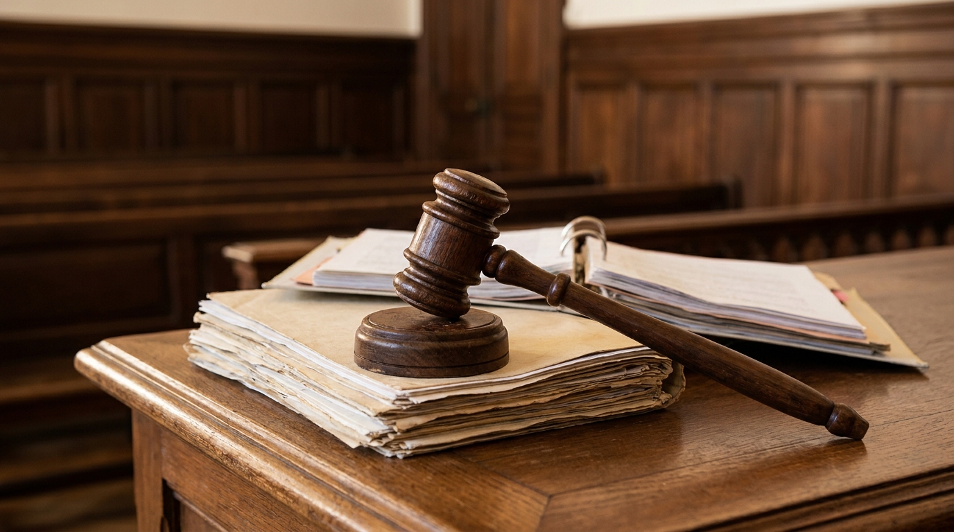 Marteau de justice posé sur des documents juridiques