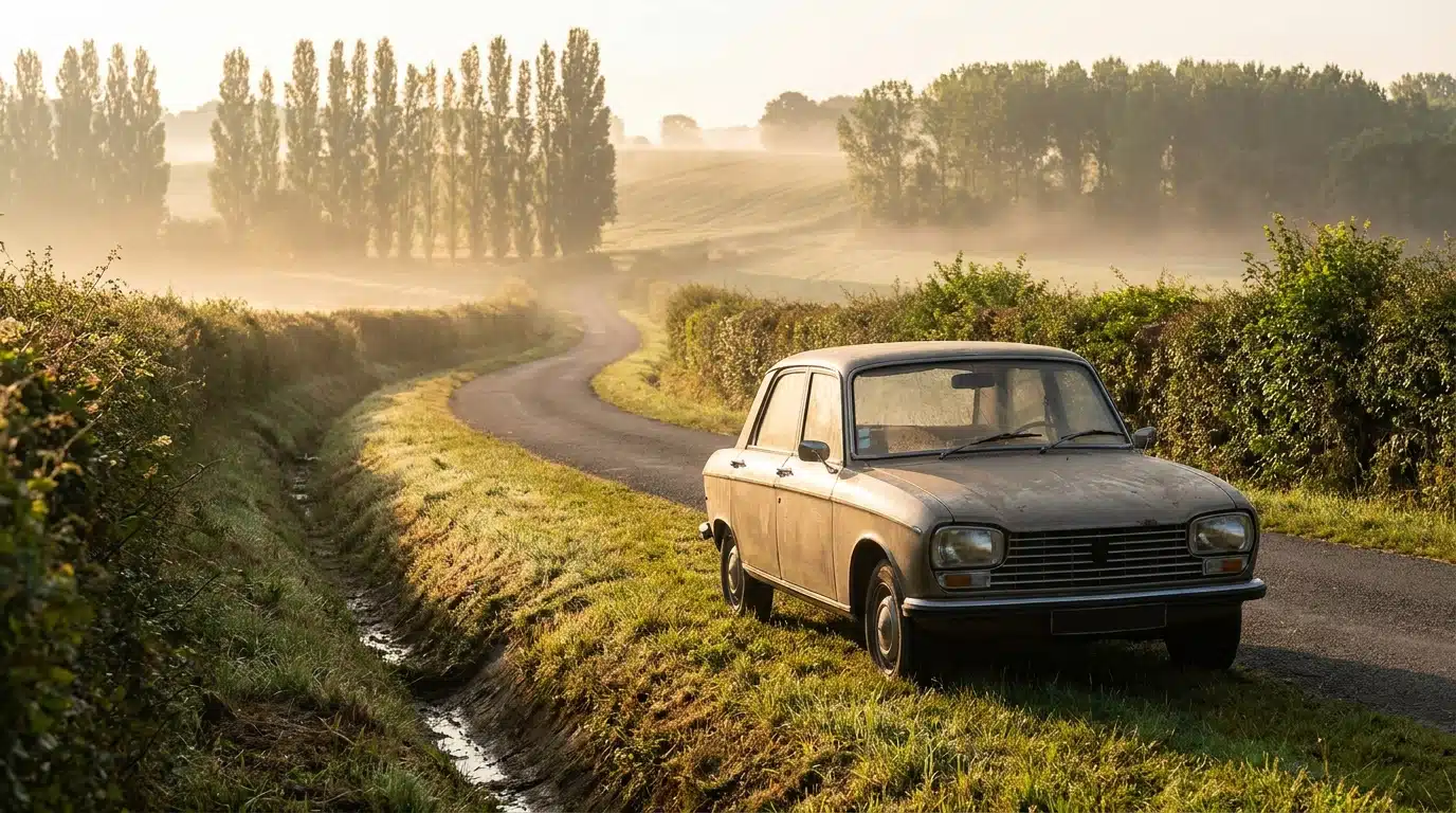 Route de campagne française au petit matin avec voiture accidentée